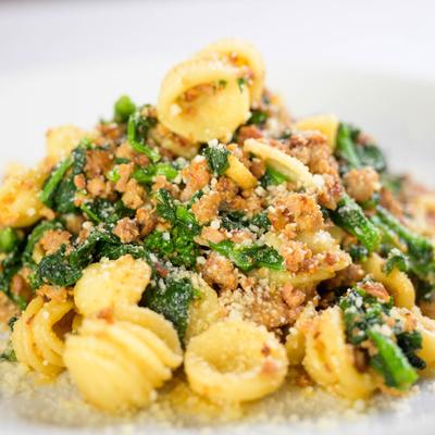 Orecchiette pasta with broccoli rabe and ground sausage.