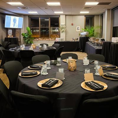 Interior, fully set round tables