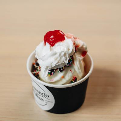 Non fat vanilla frozen yogurt topped with a cherry.