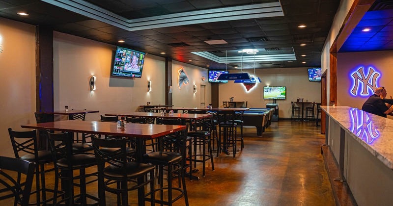 Interior, seating area and a pool table