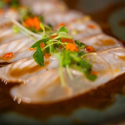 Halibut carpaccio, close-up.