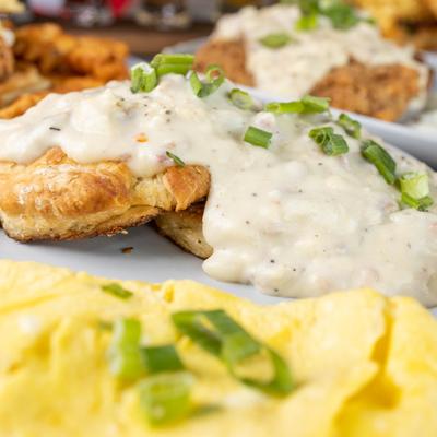 Biscuits and gravy with eggs.