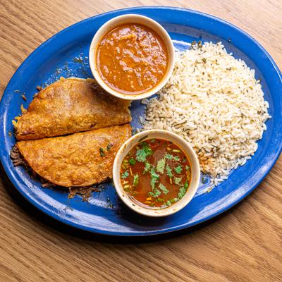 quesabirria taco dinner beef beans cilantro lime rice.