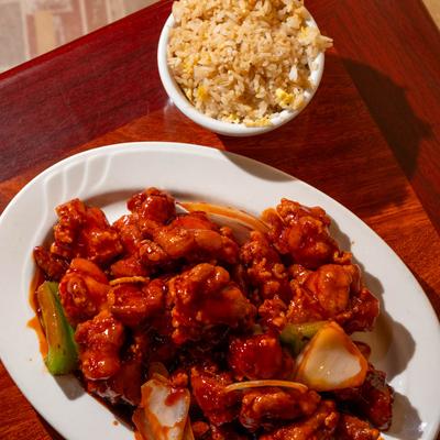 General Tso's chicken with a side of fried rice.