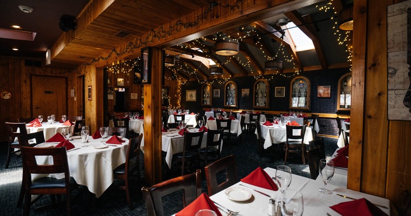 Interior, banquet room set for dining