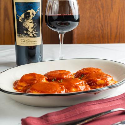 Ravioli and red wine.