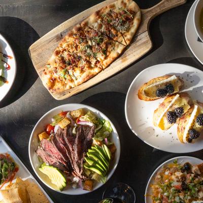 Assorted dishes on a table, top view.