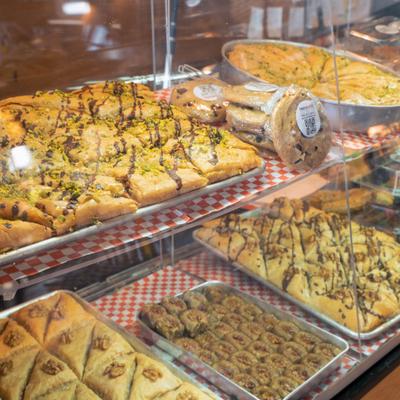 Served desserts on display.