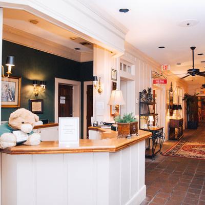 Interior, reception counter, lobby seating.