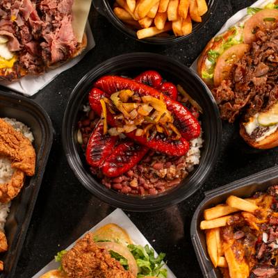 Assorted food dishes, top view.