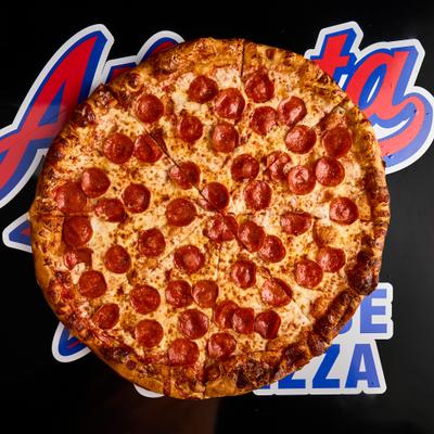 Pepperoni pizza, overhead view.