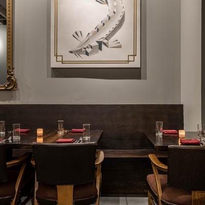 Tables and chairs set for dining.