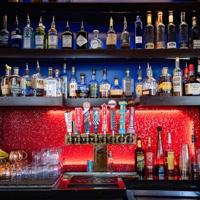 Beer taps and liquor bottles.