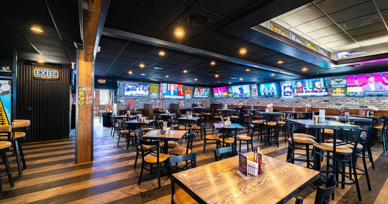 Interior seating area with tables and chairs