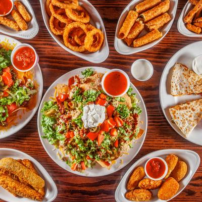 An assortment of dishes on a table, overhead view