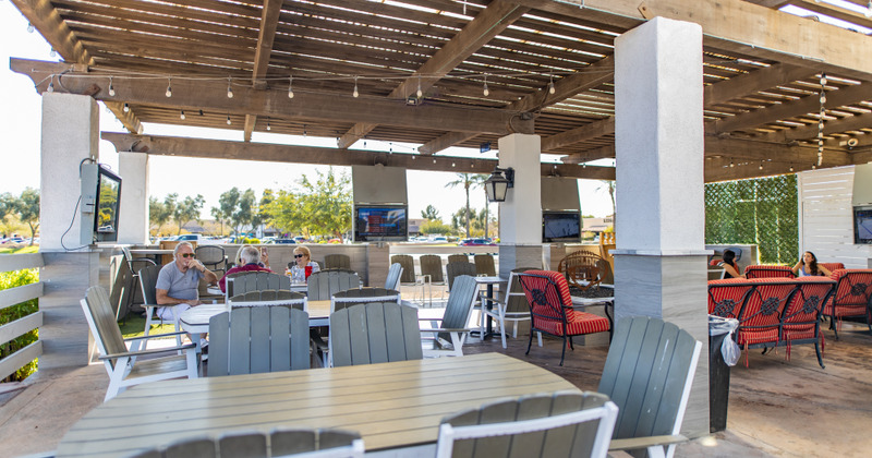Roofed patio seating area