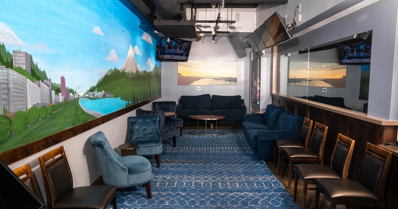 Interior seating area, wall art