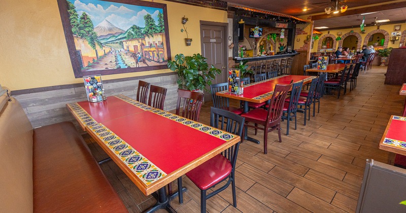 Interior space, dining tables, bar