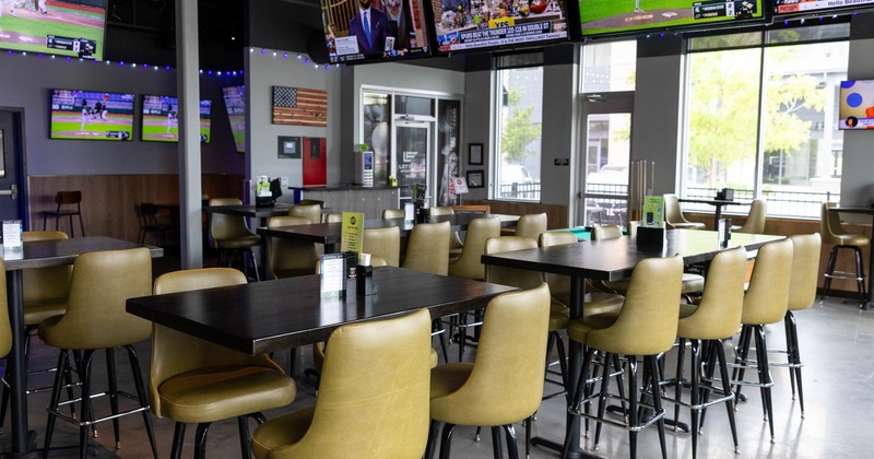 Interior, high tables and chairs