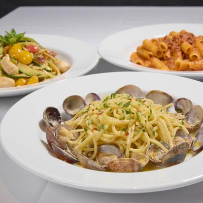 Linguine pasta served with fresh clams in a white wine sauce.