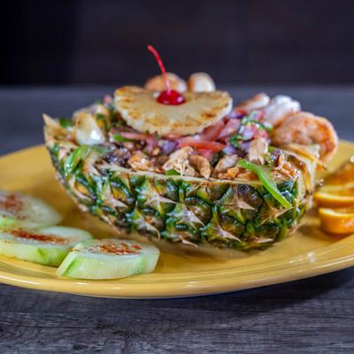 Shrimp pineapple bowl, side view.