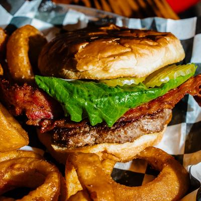 Hamburger with onion rings.