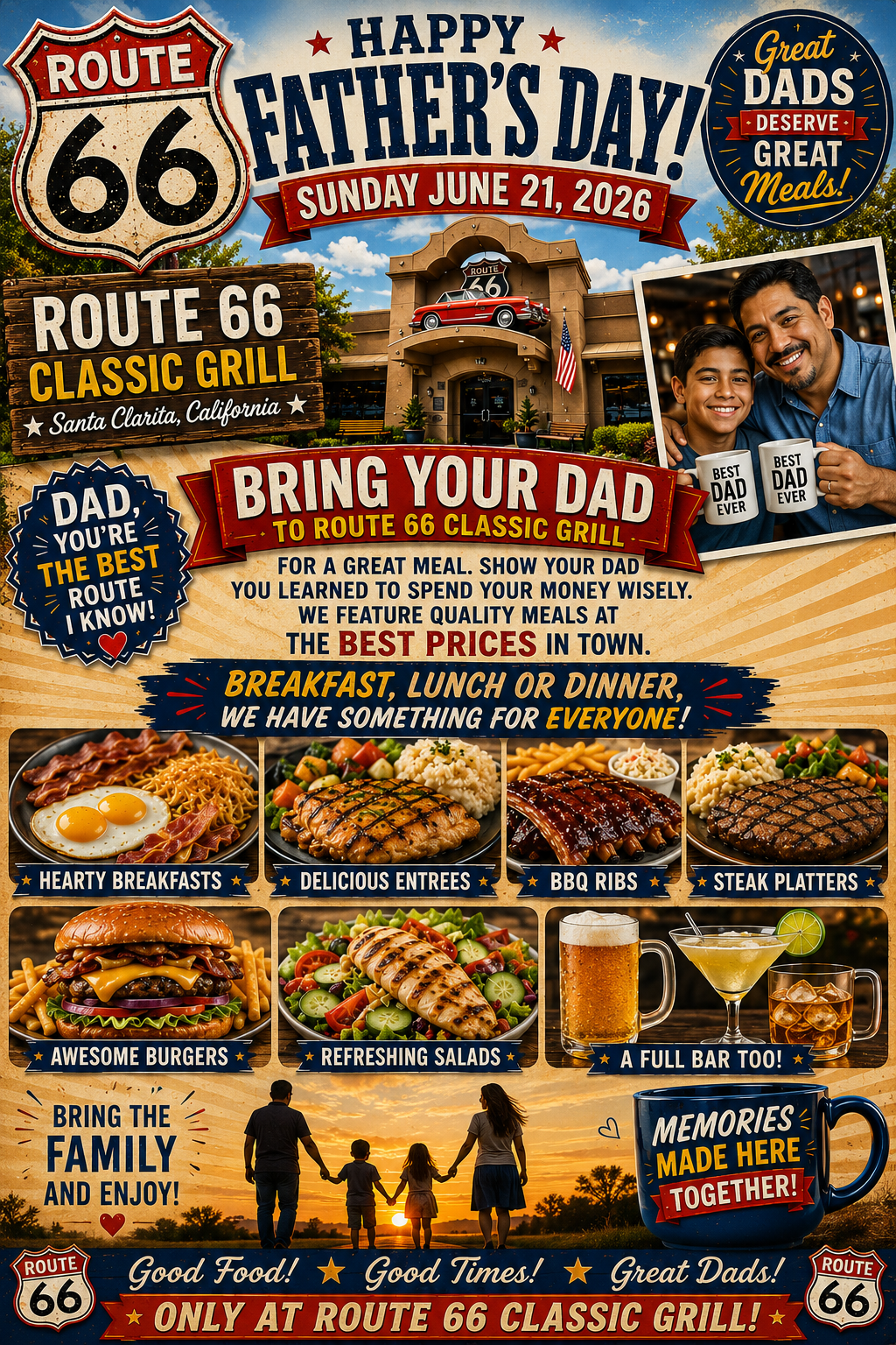 Enjoy Fathers Day at Route 66 Classic Grill with great meals at the best prices in town.
