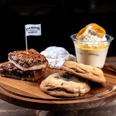 Beer desserts plate with cookies, pudding, powder cookies and pecan tart
