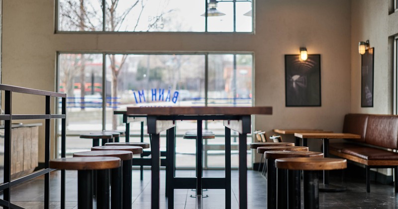 Seating area, tall table and bar stools