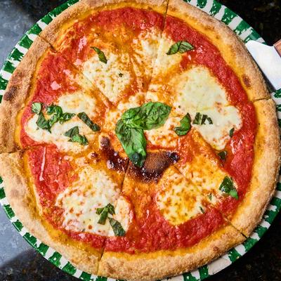 Margherita Sbagliata pizza, top view.