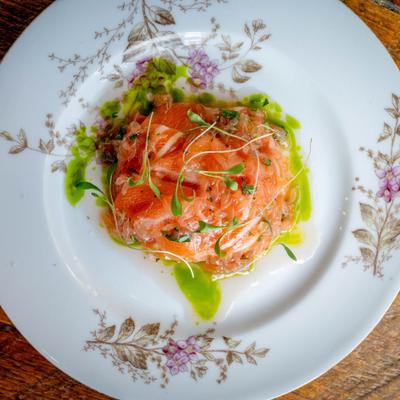 Salmon tartare, top view.
