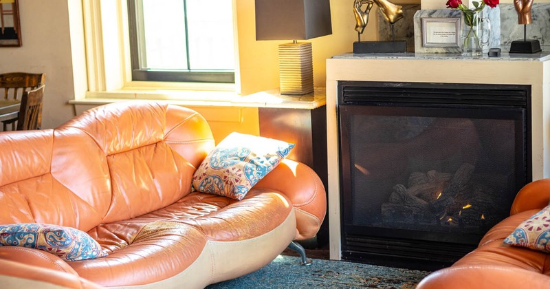 Interior, two sofas with pillows, fireplace, table lamp, window in the back