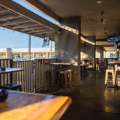 Sunlit covered outdoor seating.