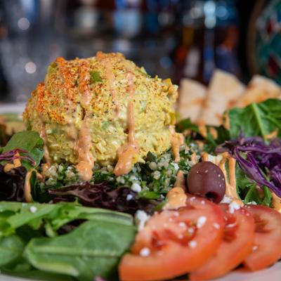 Mediterranean chicken salad, close-up.