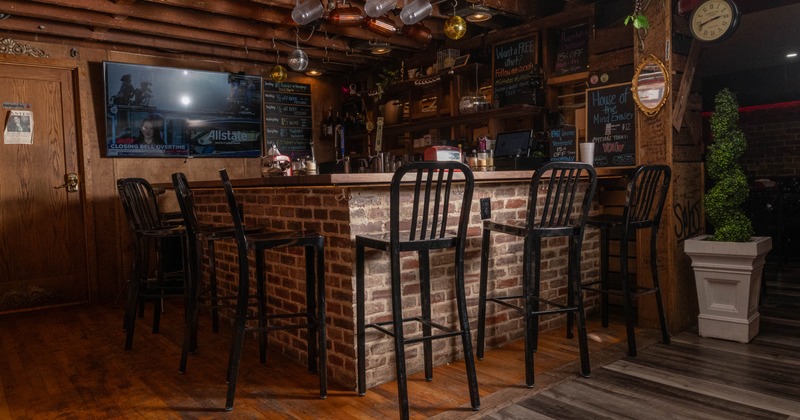 Interior, bar area, bar and bar stools