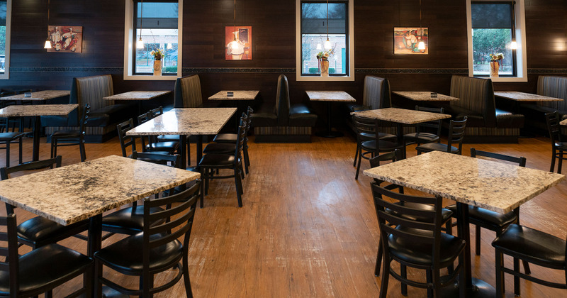 Dining area with tables and booths