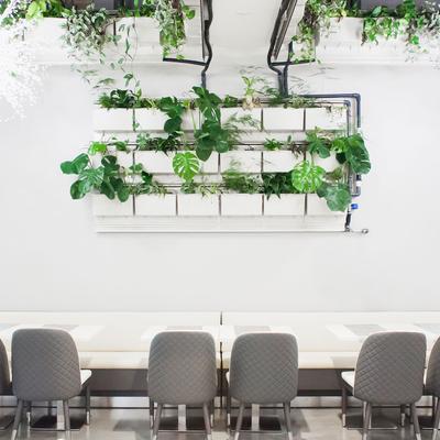 Seating area and floral decorations.