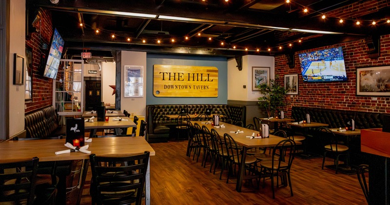 Interior, dining area, high and regular dining tables, table for twelve, banquette seating