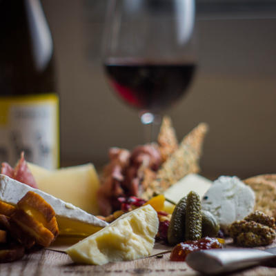 Cheese board and a glass of Times Ten Cellars Grenache/Syrah