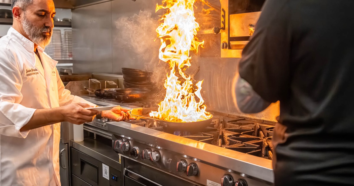 Kitchen shots, a chef flambes food in a pan