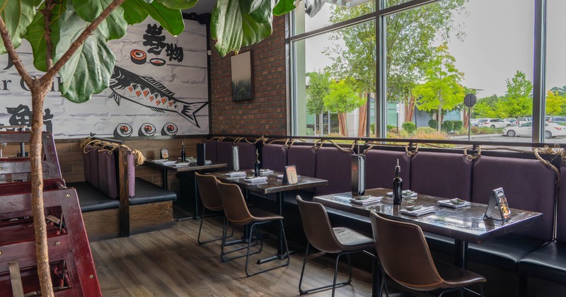 Interior, dining area with large windows