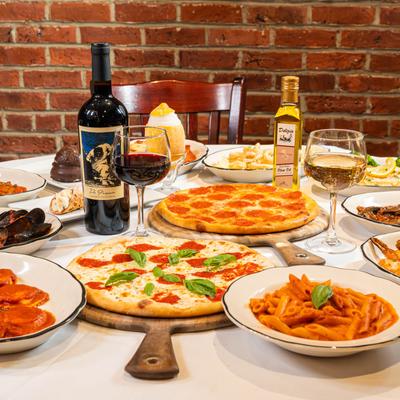 Assorted food and wine.