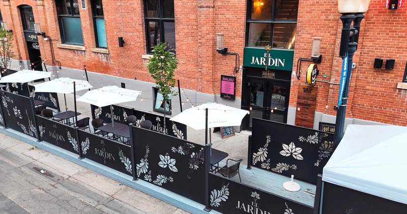 Exterior, seating space in front of the main entrance