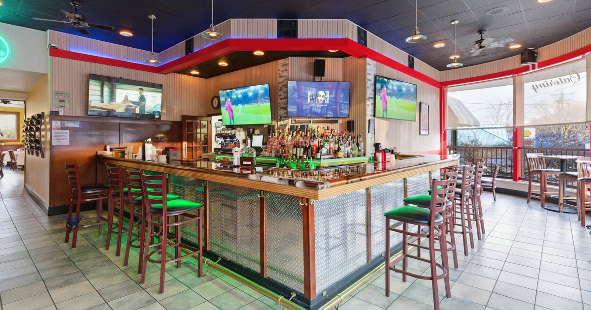 Interior, bar area, bar and bar stools