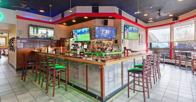 Interior, bar area, bar and bar stools