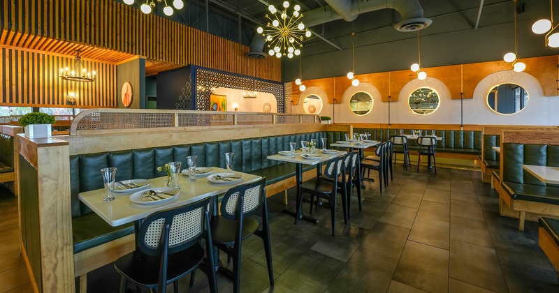 Interior, dining area with set tables