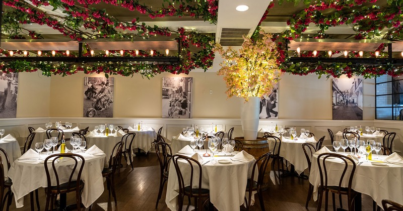 Restaurant interior, dining area with set tables