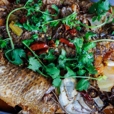 Grilled fish topped with cilantro, chili peppers, and herbs.