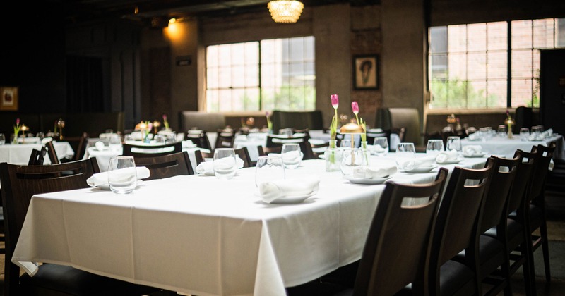 An elegant dining setup with a long table