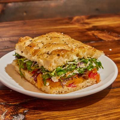 A focaccia sandwich, served.